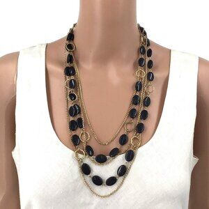 Multi Strand Necklace Gold Tone Chain Black Beaded Statement